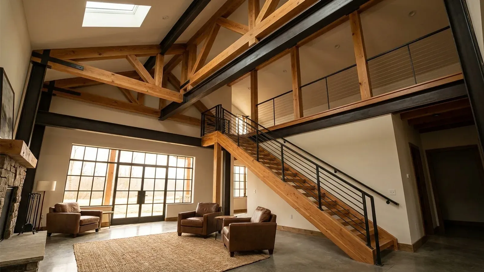 A barndominium great room with an open loft level and railing built over part of the room, reached by an open staircase.