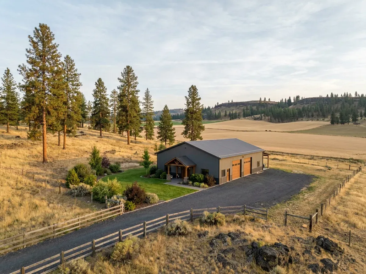 A completed barndominium home viewed from the front corner, with finished landscaping, a covered entry porch and an attached shop bay.