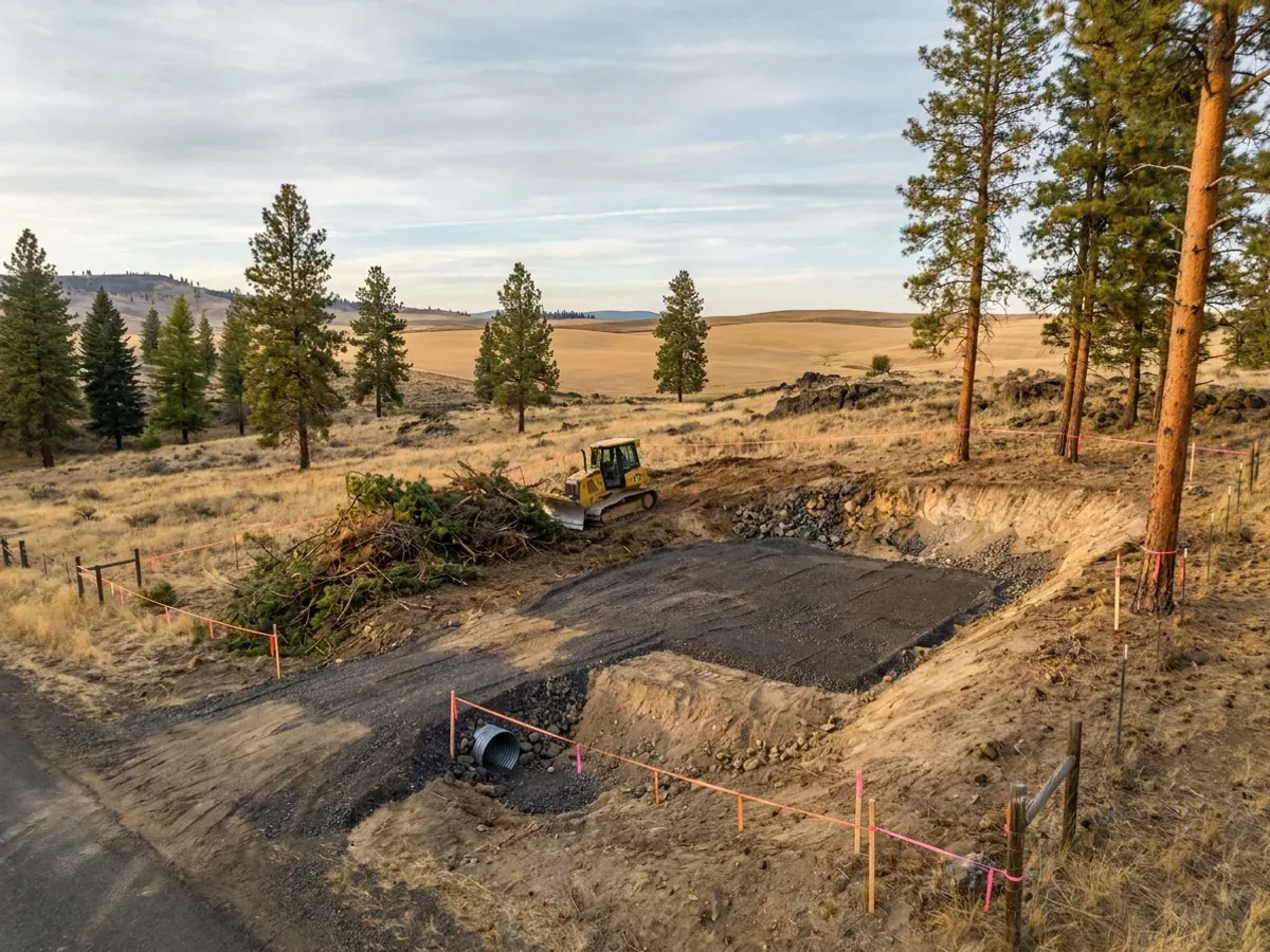 A dozer clearing brush on a rural parcel beside a compacted crushed-rock building pad, with broken dark rock in the cut and a culvert at the driveway entrance.