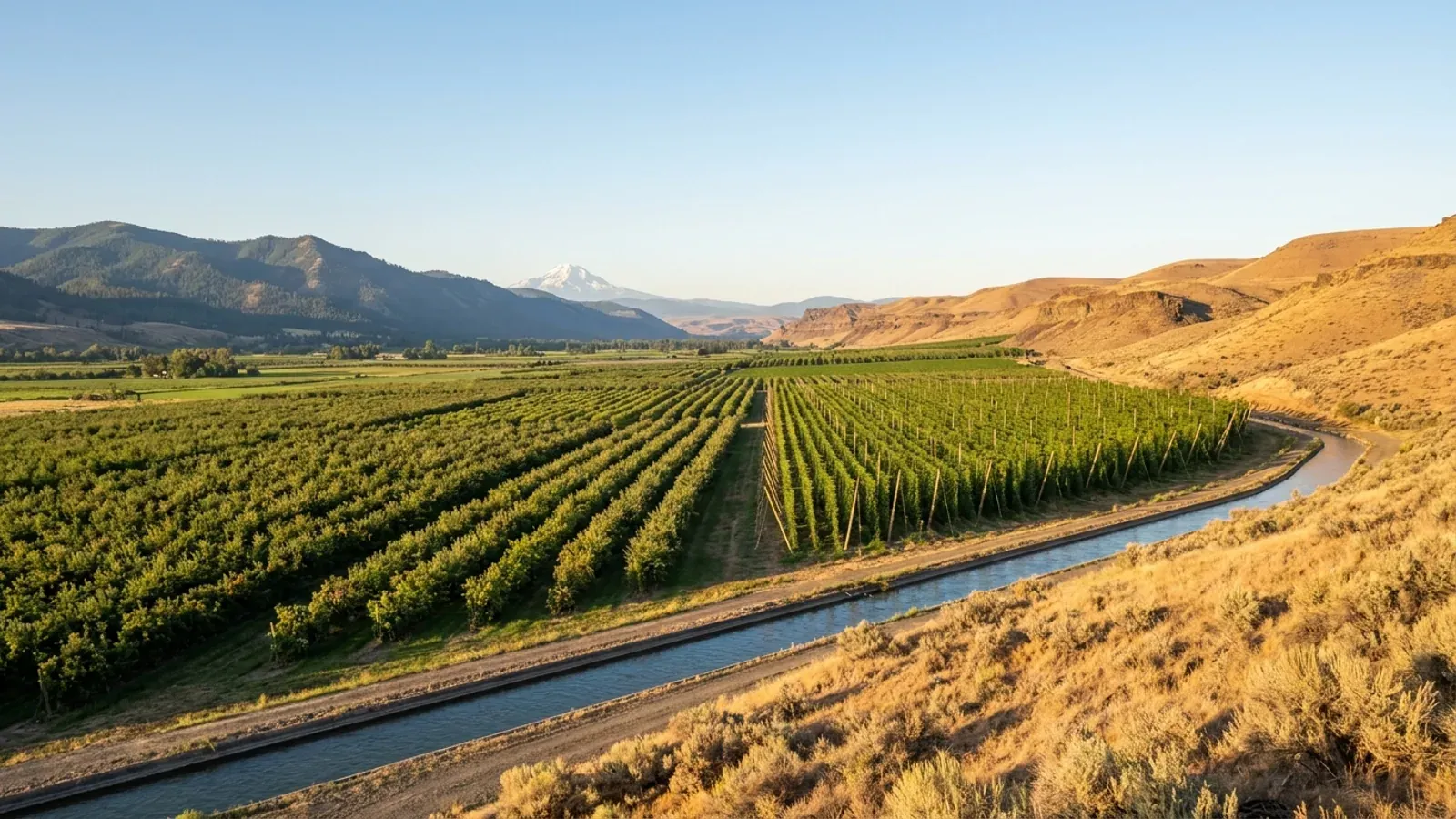 Central Washington valley orchards and a hop yard on irrigated ground below bare sagebrush hills and basalt ridges.